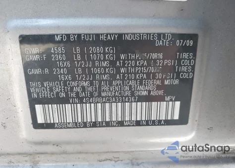 2010 Subaru Outback 2.5I from USA, damaged, VIN 4S4BRBAC3A3314367
